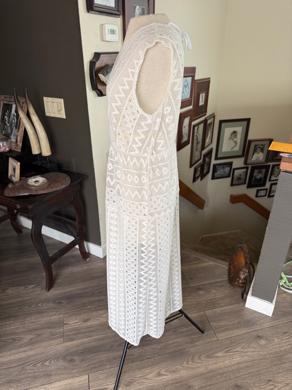 Womens White Crochet Maxi Dress - Deep V - Picture 5 of 8